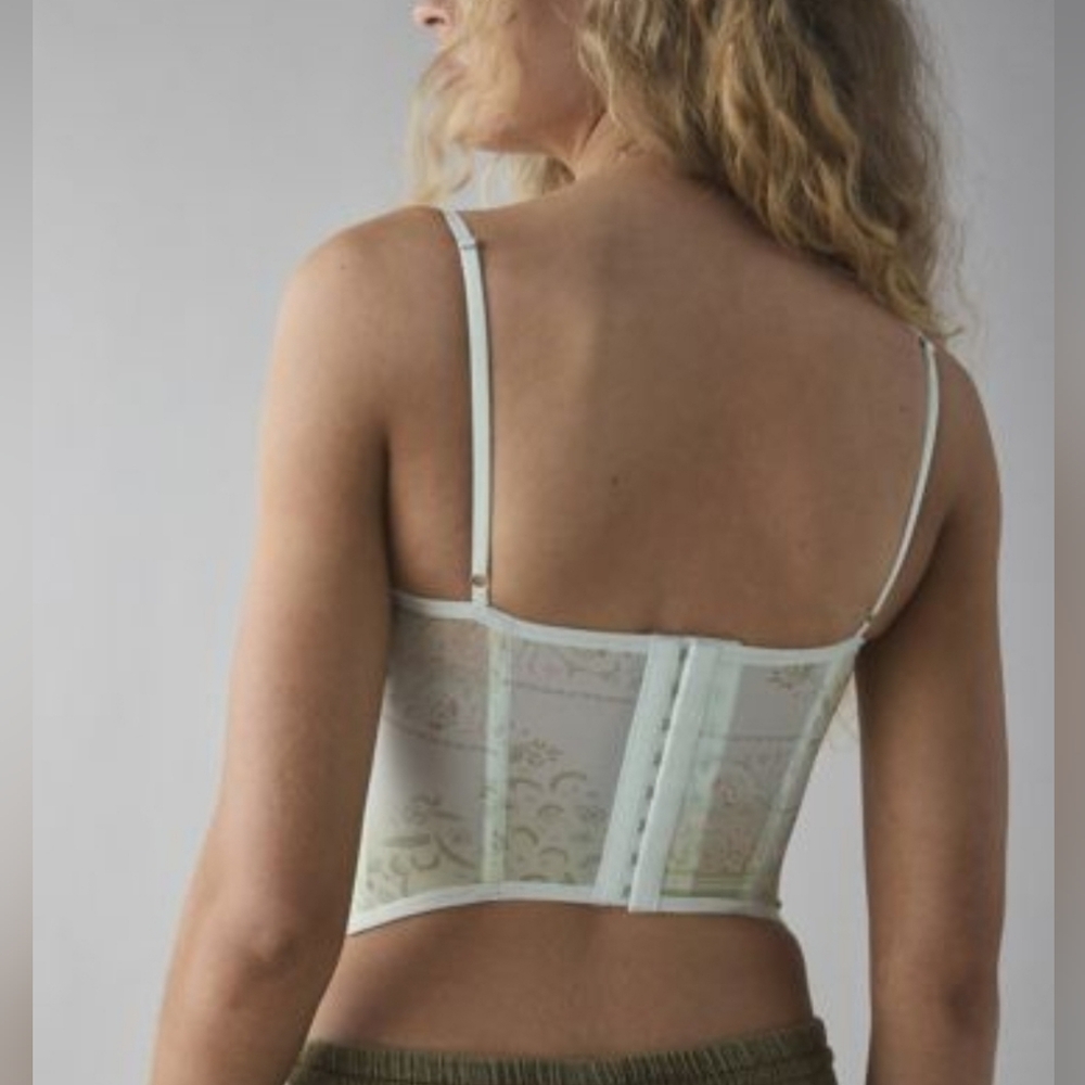 UO Aura Floral Lace Trim Mesh Corset Top Green - Picture 2 of 7